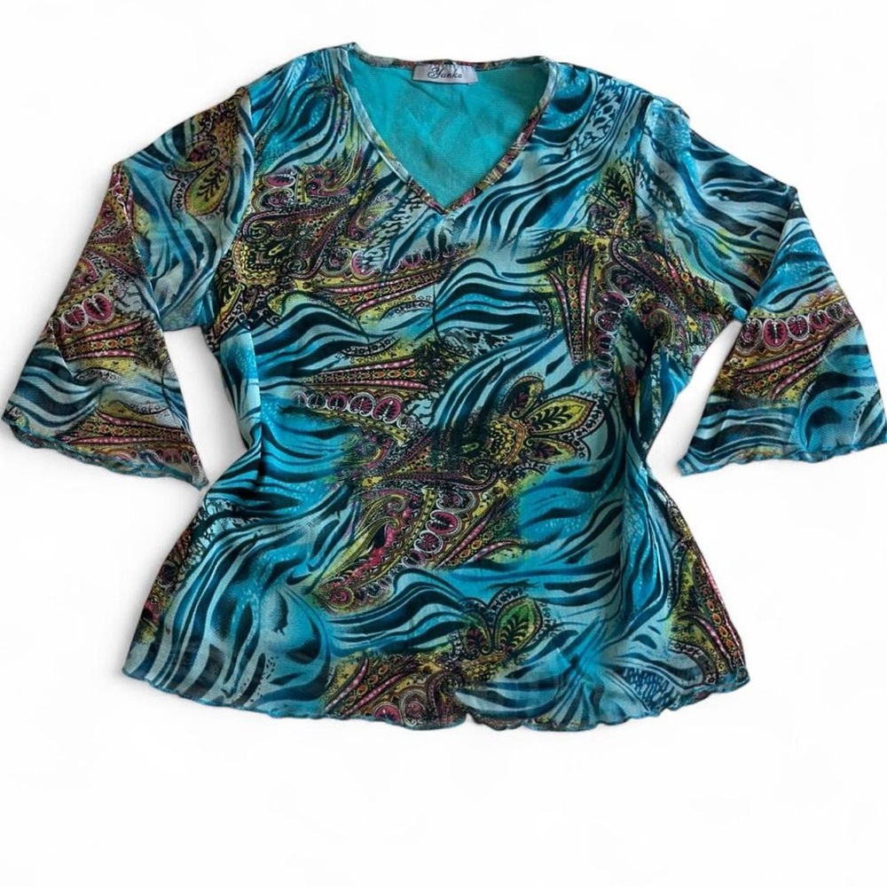 Y2K Graphic Top Vintage Sheer Woman’s, Size Medium, Blue, Peacock Feather